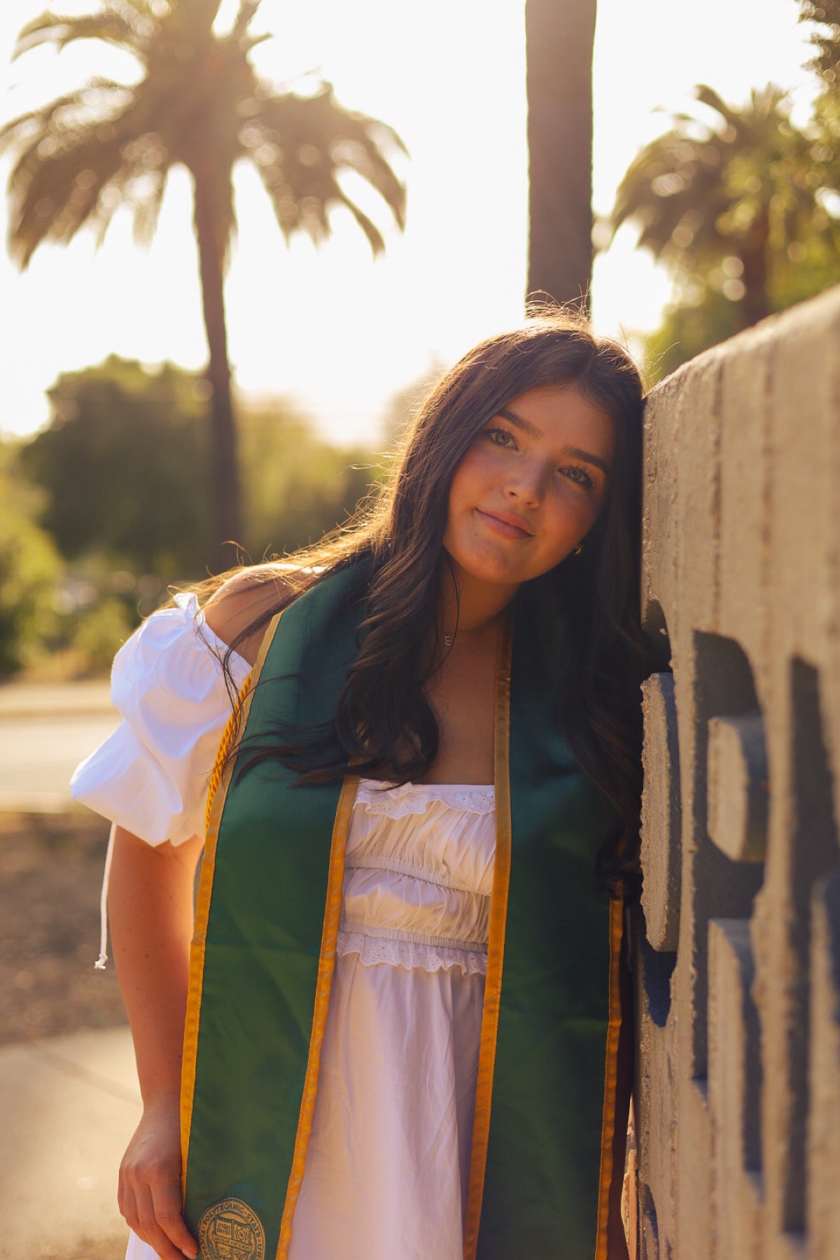 Graduate in a green stole leaning against a wall under palm trees
